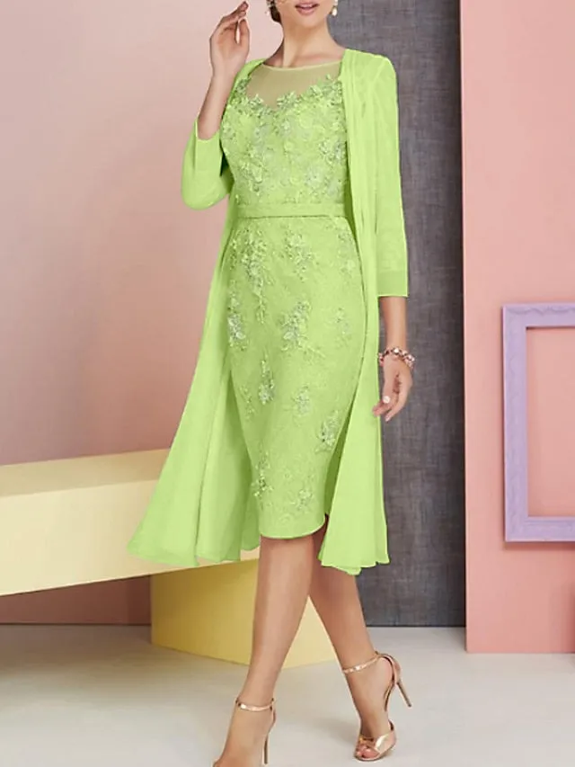 Two Piece Sheath / Column Mother of the Bride Dress Church Vintage Plus Size Elegant Bateau Neck Knee Length Chiffon Lace 3/4 Length Sleeve Jacket Dresses with Appliques 2023
