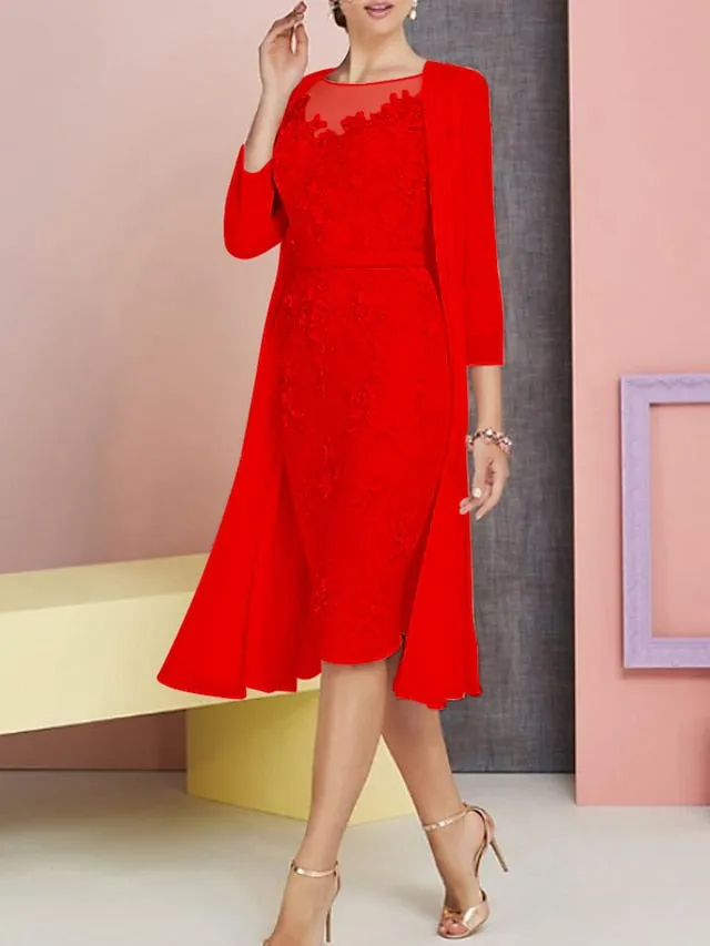 Two Piece Sheath / Column Mother of the Bride Dress Church Vintage Plus Size Elegant Bateau Neck Knee Length Chiffon Lace 3/4 Length Sleeve Jacket Dresses with Appliques 2023
