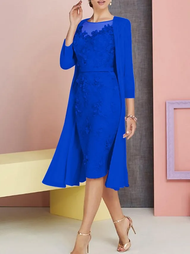 Two Piece Sheath / Column Mother of the Bride Dress Church Vintage Plus Size Elegant Bateau Neck Knee Length Chiffon Lace 3/4 Length Sleeve Jacket Dresses with Appliques 2023