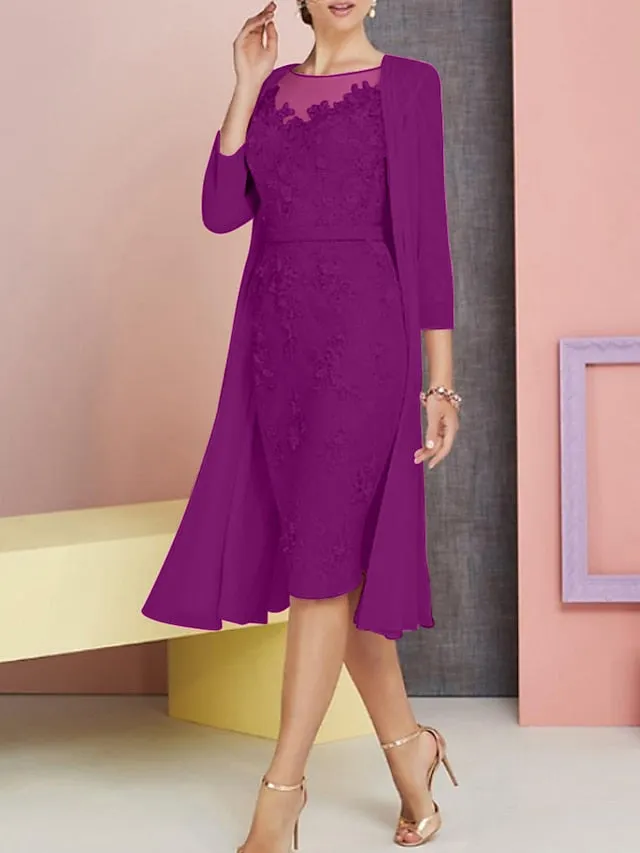 Two Piece Sheath / Column Mother of the Bride Dress Church Vintage Plus Size Elegant Bateau Neck Knee Length Chiffon Lace 3/4 Length Sleeve Jacket Dresses with Appliques 2023