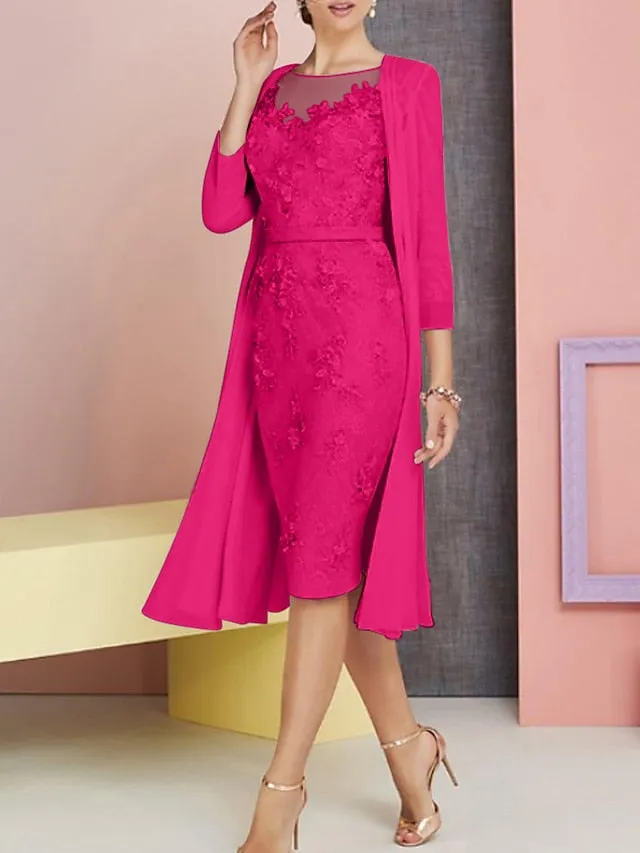 Two Piece Sheath / Column Mother of the Bride Dress Church Vintage Plus Size Elegant Bateau Neck Knee Length Chiffon Lace 3/4 Length Sleeve Jacket Dresses with Appliques 2023