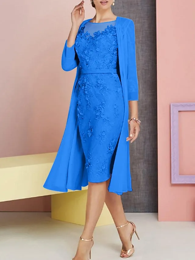 Two Piece Sheath / Column Mother of the Bride Dress Church Vintage Plus Size Elegant Bateau Neck Knee Length Chiffon Lace 3/4 Length Sleeve Jacket Dresses with Appliques 2023