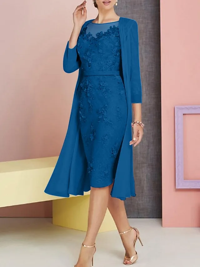 Two Piece Sheath / Column Mother of the Bride Dress Church Vintage Plus Size Elegant Bateau Neck Knee Length Chiffon Lace 3/4 Length Sleeve Jacket Dresses with Appliques 2023