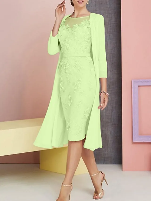 Two Piece Sheath / Column Mother of the Bride Dress Church Vintage Plus Size Elegant Bateau Neck Knee Length Chiffon Lace 3/4 Length Sleeve Jacket Dresses with Appliques 2023