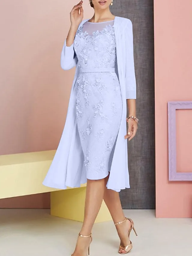 Two Piece Sheath / Column Mother of the Bride Dress Church Vintage Plus Size Elegant Bateau Neck Knee Length Chiffon Lace 3/4 Length Sleeve Jacket Dresses with Appliques 2023
