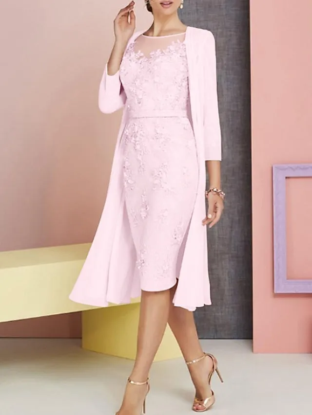 Two Piece Sheath / Column Mother of the Bride Dress Church Vintage Plus Size Elegant Bateau Neck Knee Length Chiffon Lace 3/4 Length Sleeve Jacket Dresses with Appliques 2023