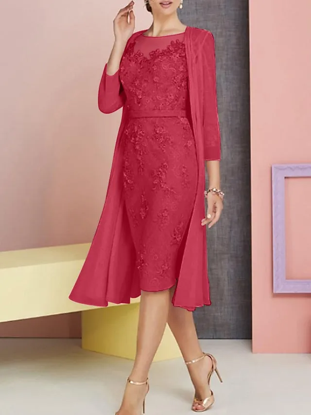 Two Piece Sheath / Column Mother of the Bride Dress Church Vintage Plus Size Elegant Bateau Neck Knee Length Chiffon Lace 3/4 Length Sleeve Jacket Dresses with Appliques 2023