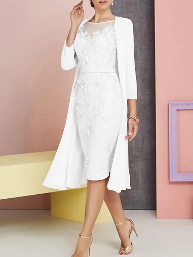 Two Piece Sheath / Column Mother of the Bride Dress Church Vintage Plus Size Elegant Bateau Neck Knee Length Chiffon Lace 3/4 Length Sleeve Jacket Dresses with Appliques 2023