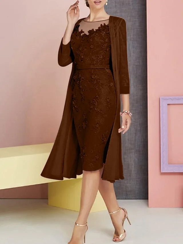 Two Piece Sheath / Column Mother of the Bride Dress Church Vintage Plus Size Elegant Bateau Neck Knee Length Chiffon Lace 3/4 Length Sleeve Jacket Dresses with Appliques 2023