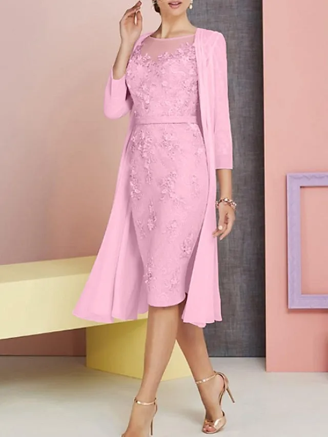 Two Piece Sheath / Column Mother of the Bride Dress Church Vintage Plus Size Elegant Bateau Neck Knee Length Chiffon Lace 3/4 Length Sleeve Jacket Dresses with Appliques 2023