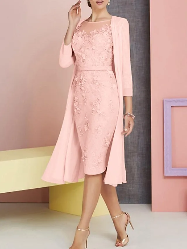 Two Piece Sheath / Column Mother of the Bride Dress Church Vintage Plus Size Elegant Bateau Neck Knee Length Chiffon Lace 3/4 Length Sleeve Jacket Dresses with Appliques 2023