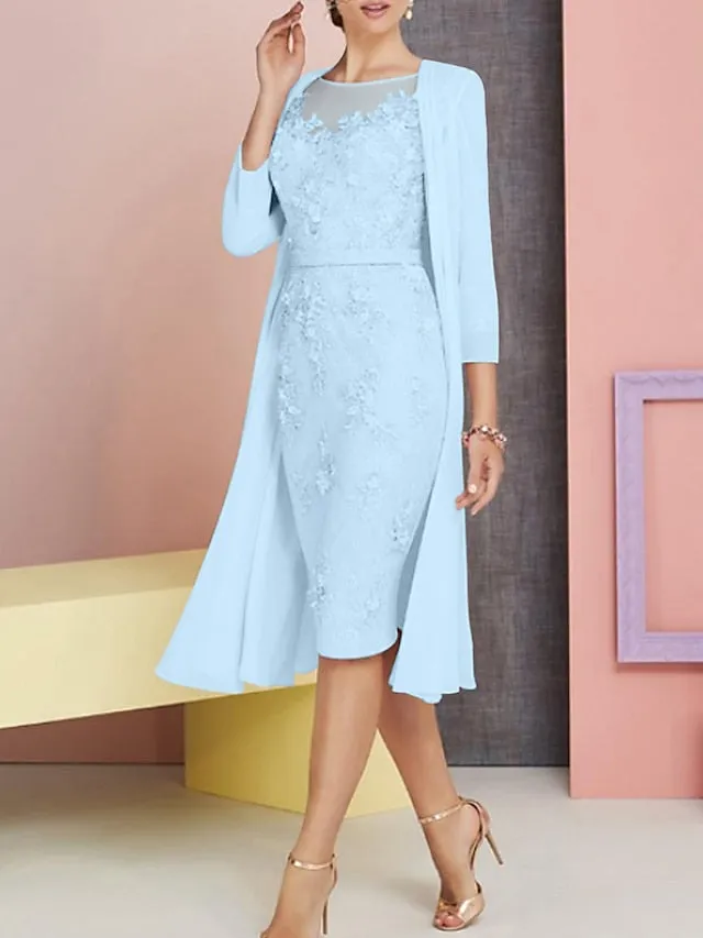 Two Piece Sheath / Column Mother of the Bride Dress Church Vintage Plus Size Elegant Bateau Neck Knee Length Chiffon Lace 3/4 Length Sleeve Jacket Dresses with Appliques 2023