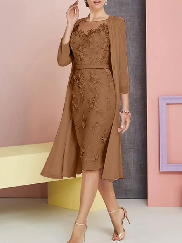 Two Piece Sheath / Column Mother of the Bride Dress Church Vintage Plus Size Elegant Bateau Neck Knee Length Chiffon Lace 3/4 Length Sleeve Jacket Dresses with Appliques 2023