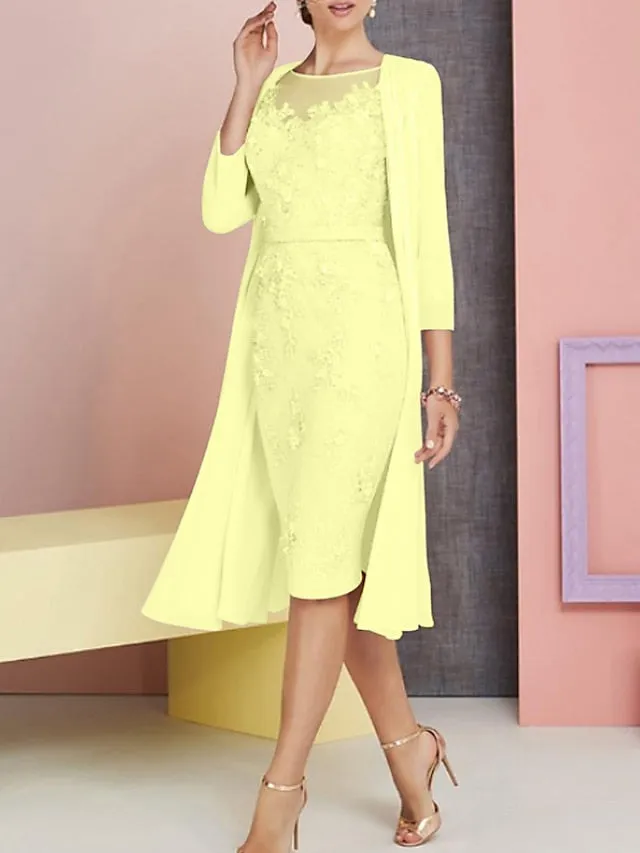 Two Piece Sheath / Column Mother of the Bride Dress Church Vintage Plus Size Elegant Bateau Neck Knee Length Chiffon Lace 3/4 Length Sleeve Jacket Dresses with Appliques 2023