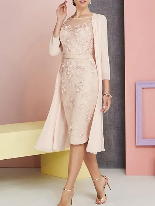 Two Piece Sheath / Column Mother of the Bride Dress Church Vintage Plus Size Elegant Bateau Neck Knee Length Chiffon Lace 3/4 Length Sleeve Jacket Dresses with Appliques 2023