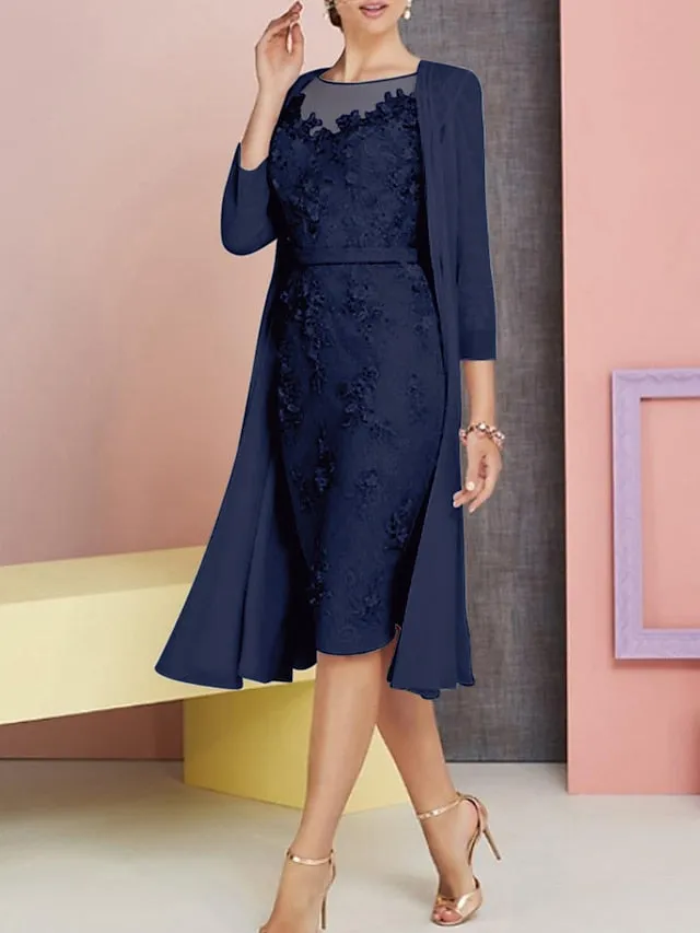 Two Piece Sheath / Column Mother of the Bride Dress Church Vintage Plus Size Elegant Bateau Neck Knee Length Chiffon Lace 3/4 Length Sleeve Jacket Dresses with Appliques 2023