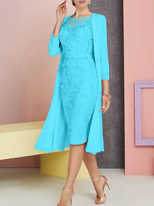 Two Piece Sheath / Column Mother of the Bride Dress Church Vintage Plus Size Elegant Bateau Neck Knee Length Chiffon Lace 3/4 Length Sleeve Jacket Dresses with Appliques 2023