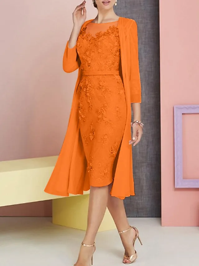 Two Piece Sheath / Column Mother of the Bride Dress Church Vintage Plus Size Elegant Bateau Neck Knee Length Chiffon Lace 3/4 Length Sleeve Jacket Dresses with Appliques 2023