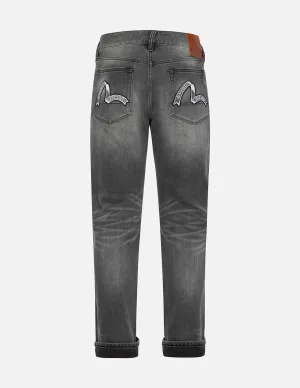 Washed Retro Ribbon Seagull Print Carrot Fit Jeans #2017