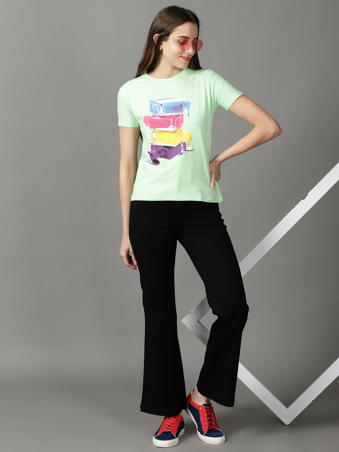 Women Green Print Crepe Top