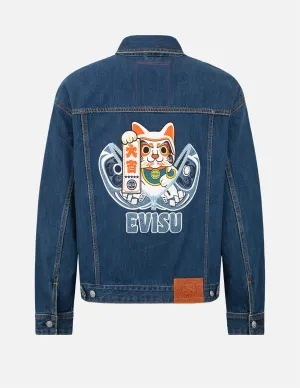Zip-up Daruma and Fortune Cat Appliqué Denim Jacket